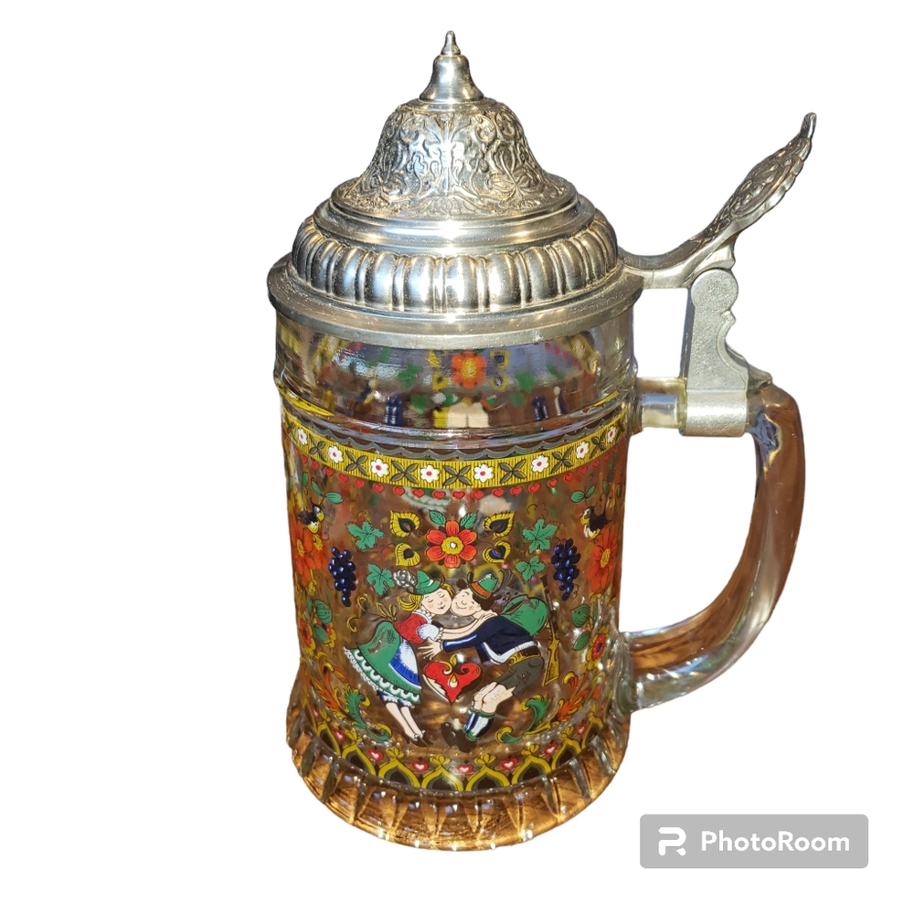 Vintage German Glass Stein Branded Pewter